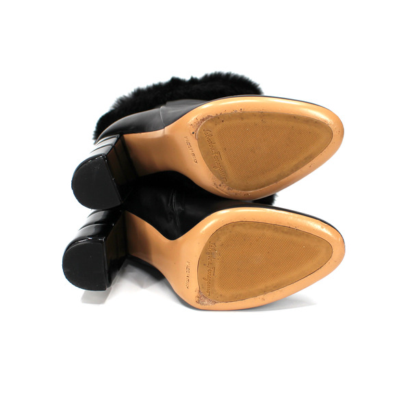 Salvatore Ferragamo Loris Black Leather Rabbit Fur Heeled Ankle Bootie 5.5 Shoes - Picture 7 of 7